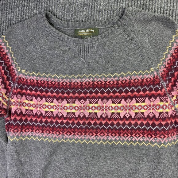 Eddie Bauer Sweater Womens Large Gray Fair Isle Raglan Pullover Cotton Angora - Picture 1 of 12